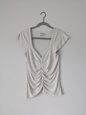 LNA Clothing Ruched Ribbed Knit Deep V-Neck Tee Cap Sleeve Slimming Evereve